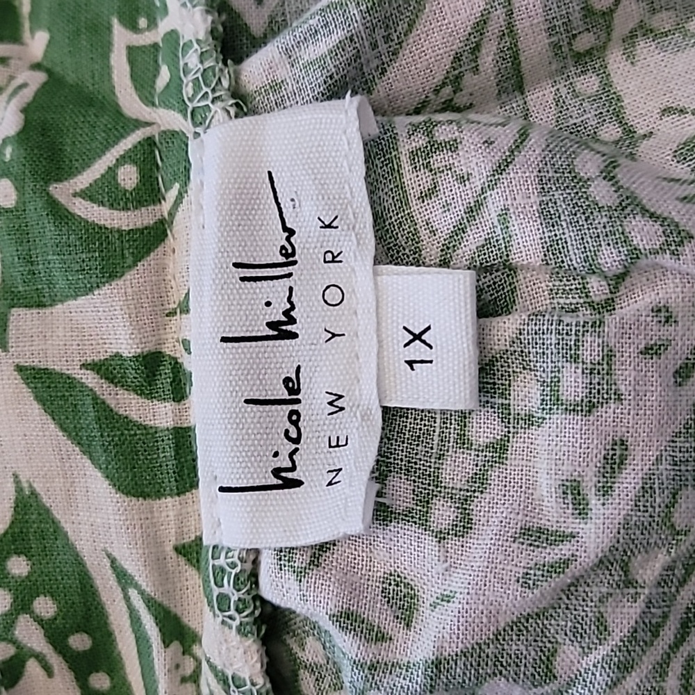 Nicole Miller Paisley Embroidered Linen Blend Square Neck Blouse 1X Green Cream - Picture 4 of 5